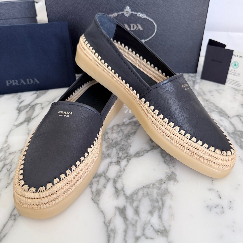 Prada Nappa Leather Mens Loafers Blue Espadrille Rope Trim SlipOn 2DG156 US8 - Picture 7 of 14